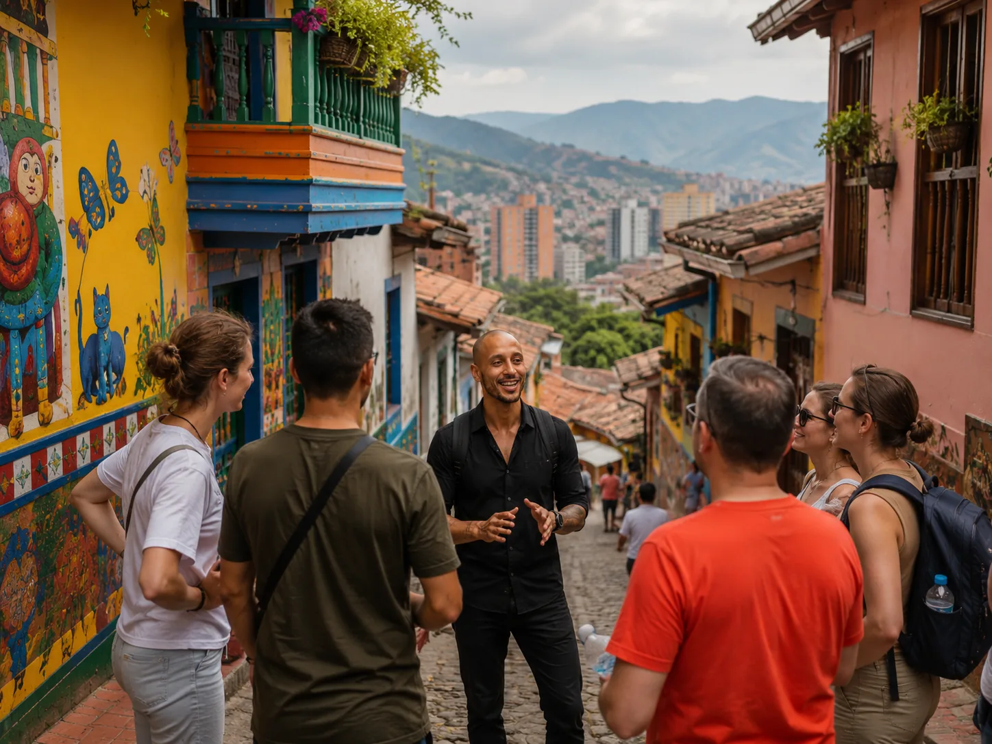Barrio colorido y paisaje urbano de Medellín